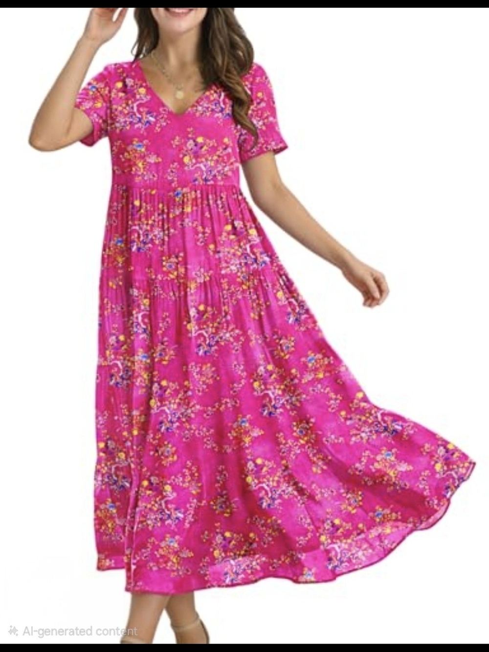 Vintage Bright Pink Floral V-Neck Maxi Dress